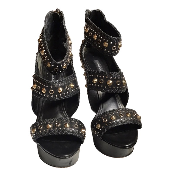 Stella Luna Y2K 37.5 7 US Black Leather Gold Studded Zip Strappy Stiletto Heels - Picture 9 of 12